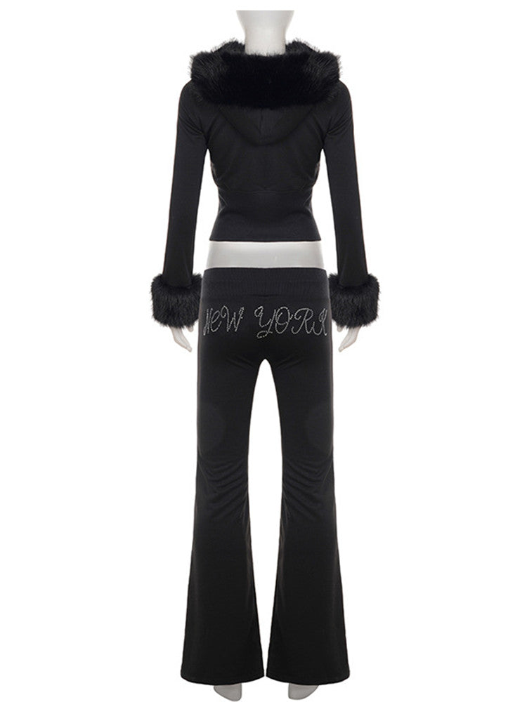 Joskaa Rhinestone Zip Up Hooded Long Sleeve Two Piece Set - two piece set image 3