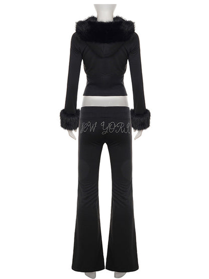 Joskaa Rhinestone Zip Up Hooded Long Sleeve Two Piece Set - two piece set image 3