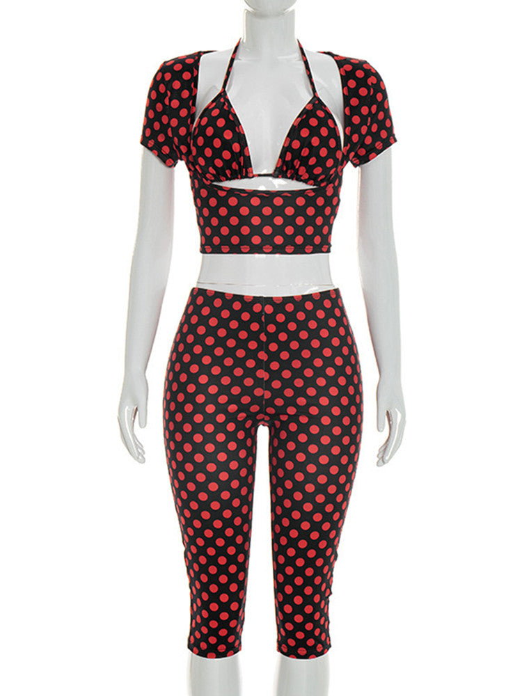 Joskaa Polka Dot Halter Short Sleeve Crop Two Piece Set - two piece set image 2