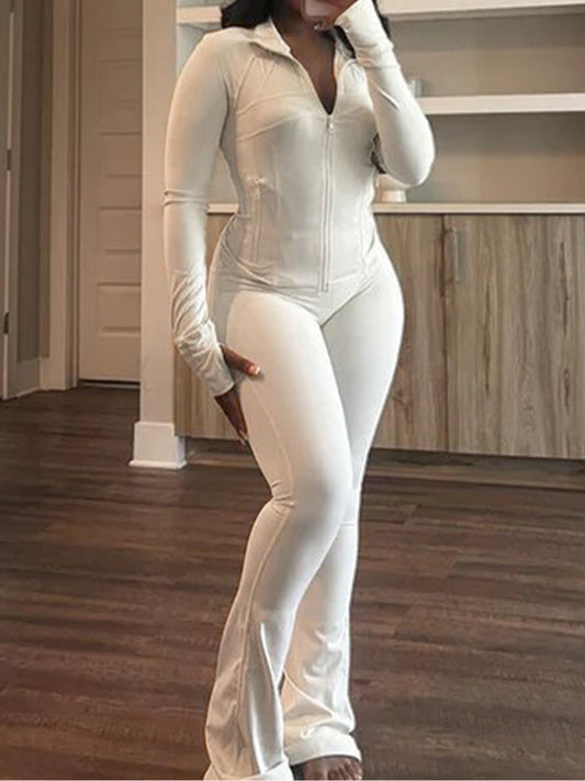 Joskaa Zip Up Long Sleeve Flare Two Piece Set - two piece set image 1
