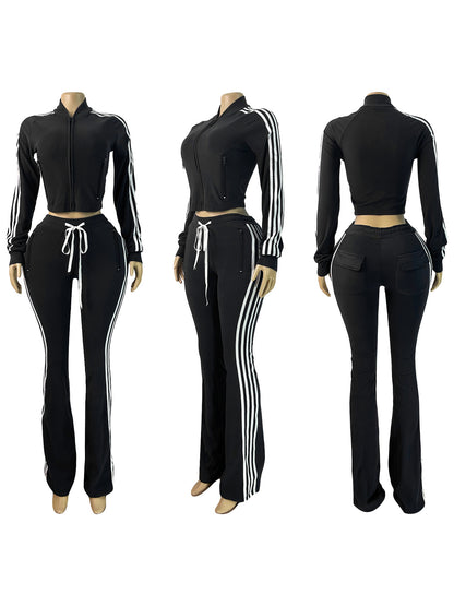 Joskaa Stripe Velvet Zip Up Long Sleeve Two Piece Set - two piece set image 5