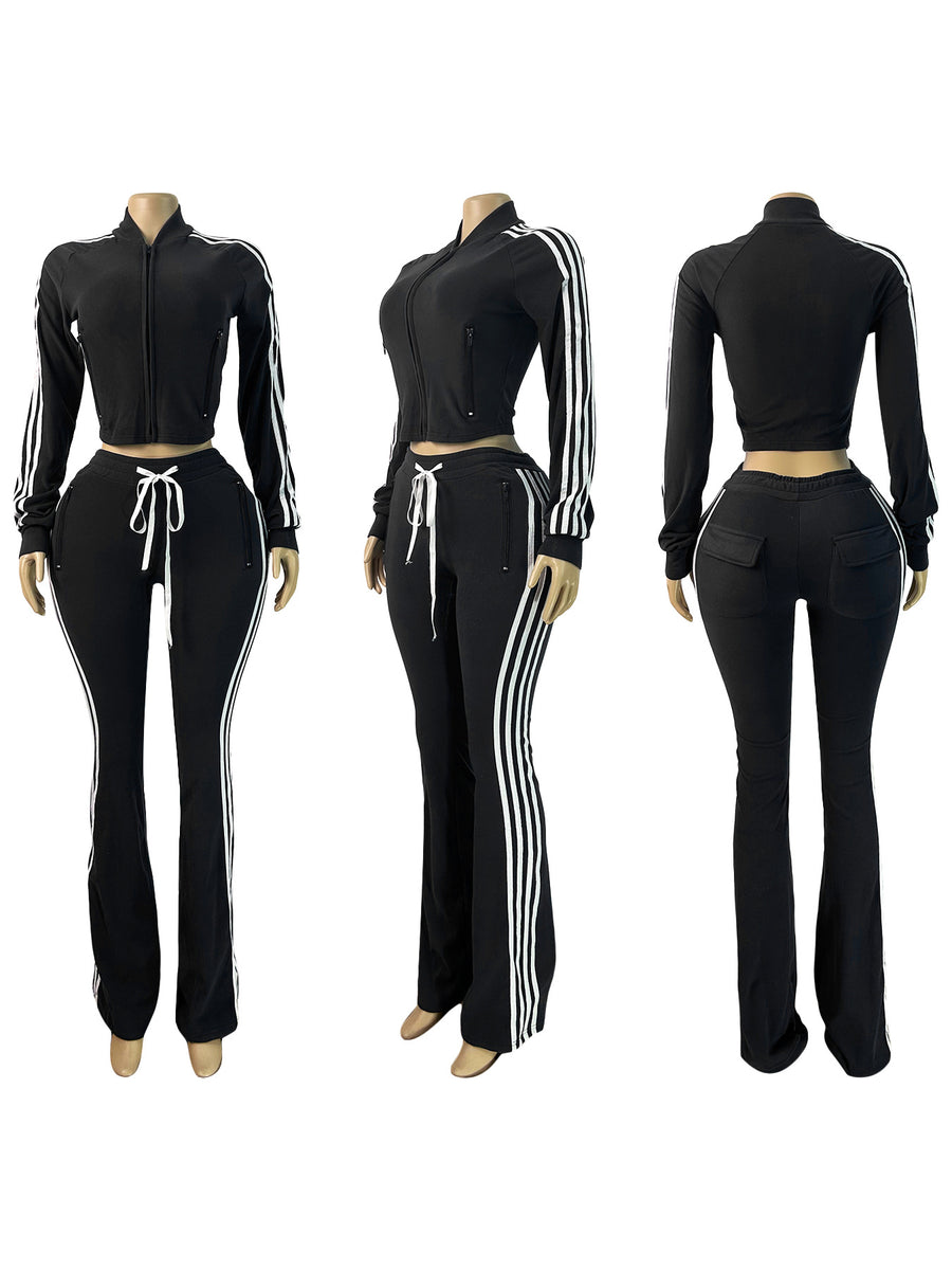 Joskaa Stripe Velvet Zip Up Long Sleeve Two Piece Set - two piece set image 5
