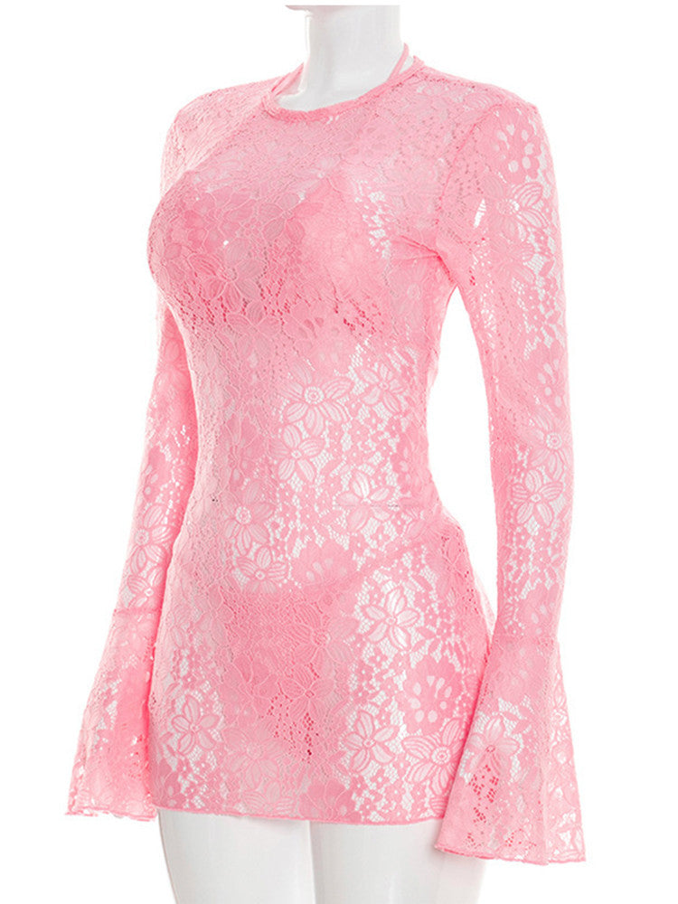 Joskaa Lace Mesh Backless Halter Two Piece Set - two piece set image 3