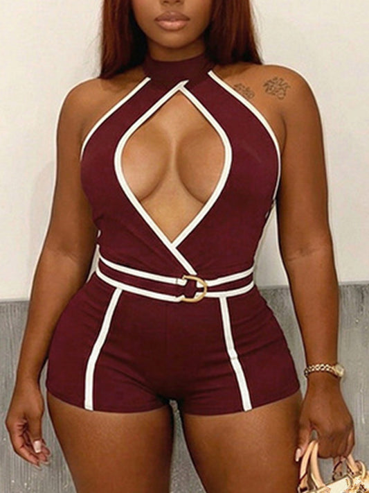 Joskaa Backless Halter Romper Color Block Tie - romper image 1