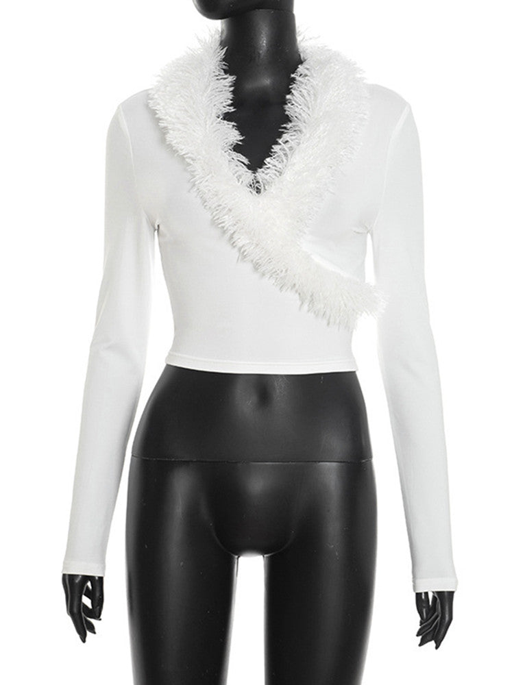 Joskaa Long Sleeve Crop Top Furry Patchwork Tops - top image 2