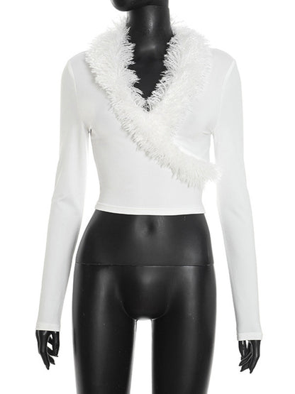 Joskaa Long Sleeve Crop Top Furry Patchwork Tops - top image 2