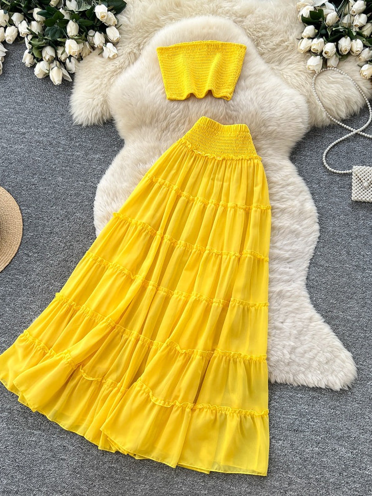 Women's Yellow Pleated Layered Two Piece Skirt Set - Front View