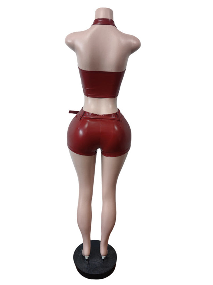 Joskaa Faux Leather Backless Halter Two Piece Set - two piece set image 4
