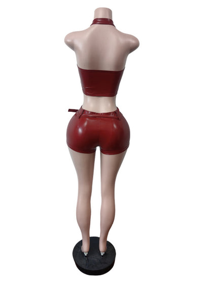 Joskaa Faux Leather Backless Halter Two Piece Set - two piece set image 4