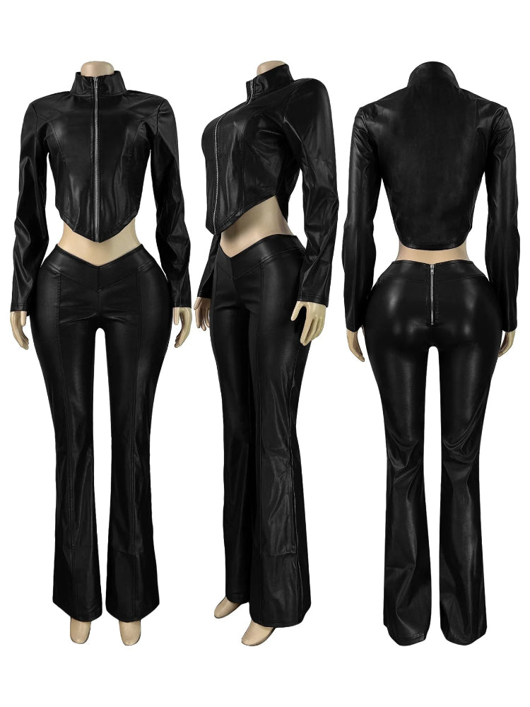 Joskaa Faux Leather Zip Up Long Sleeve Flare Two Piece Set - two piece set image 1