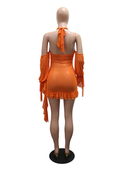 Joskaa Mesh Backless Halter Long Sleeve Mini Dress - mini dress image 6