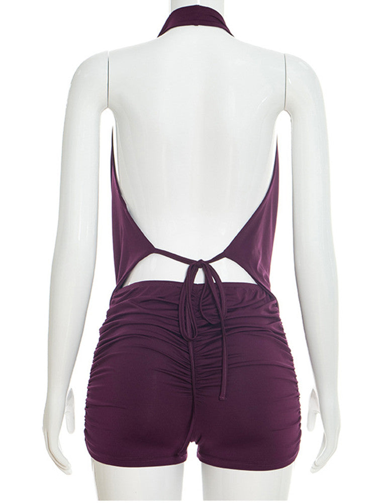 Joskaa Ruched Backless Halter Crop Two Piece Set - two piece set image 4
