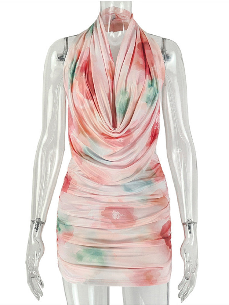 Joskaa Floral Print Backless Halter Pleated Two Piece Set - two piece set image 2