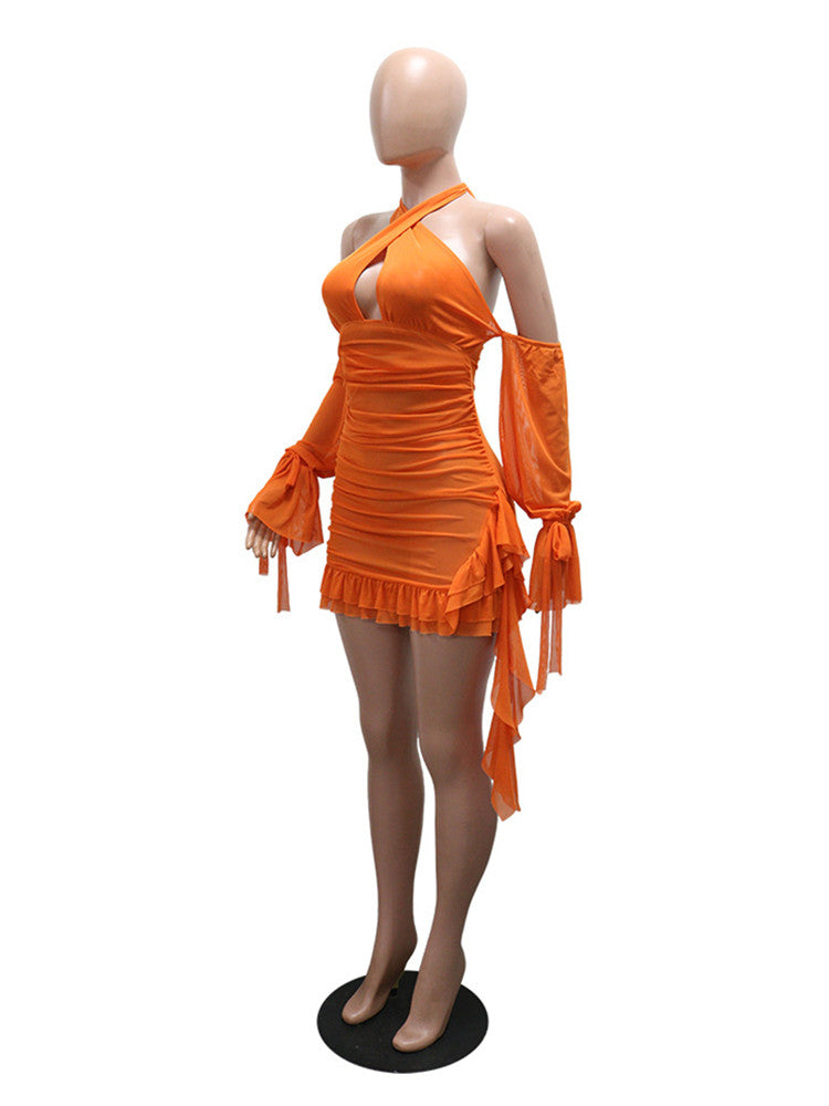 Joskaa Mesh Backless Halter Long Sleeve Mini Dress - mini dress image 5