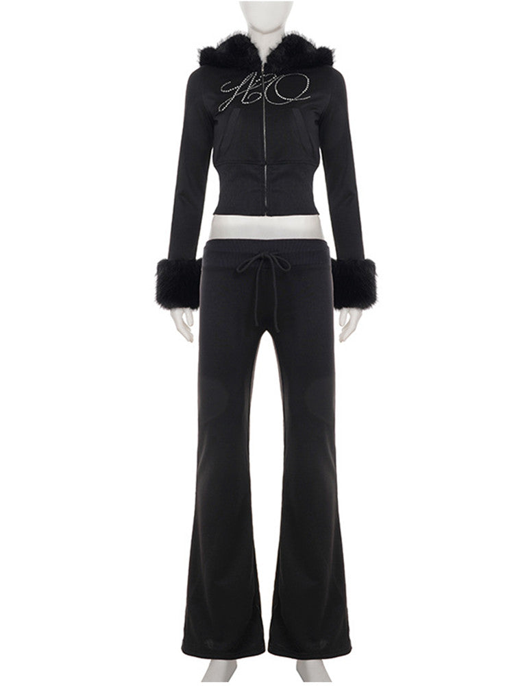 Joskaa Rhinestone Zip Up Hooded Long Sleeve Two Piece Set - two piece set image 2