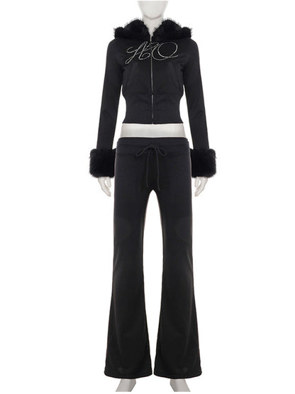 Joskaa Rhinestone Zip Up Hooded Long Sleeve Two Piece Set - two piece set image 2