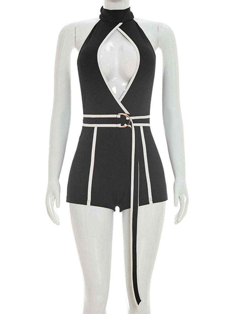 Joskaa Backless Halter Romper Color Block Tie - romper image 2