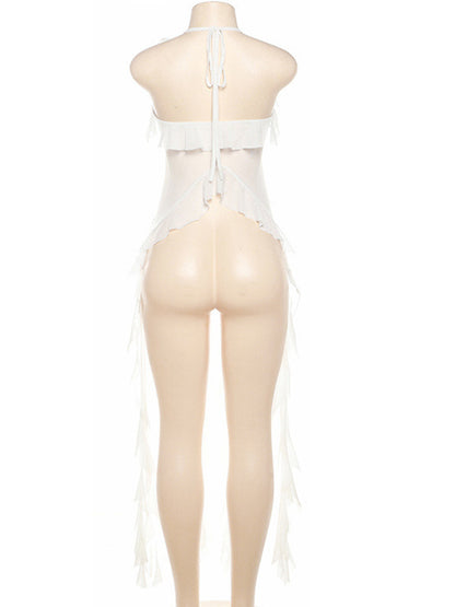 Joskaa Mesh Backless Halter Top Ruffles Ribbons Vests - top image 4