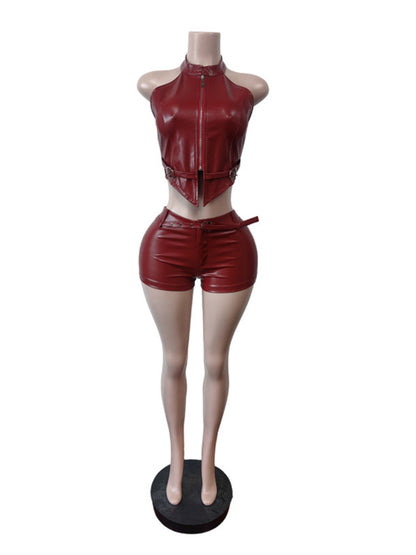 Joskaa Faux Leather Backless Halter Two Piece Set - two piece set image 2