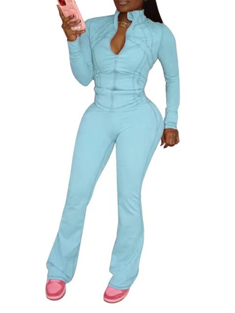 Joskaa Zip Up Long Sleeve Flare Two Piece Set - two piece set image 15
