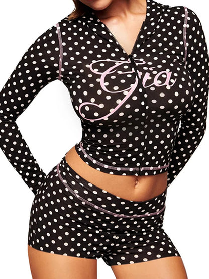 Joskaa Polka Dot Long Sleeve Crop Bodycon Two Piece Set - two piece set image 19