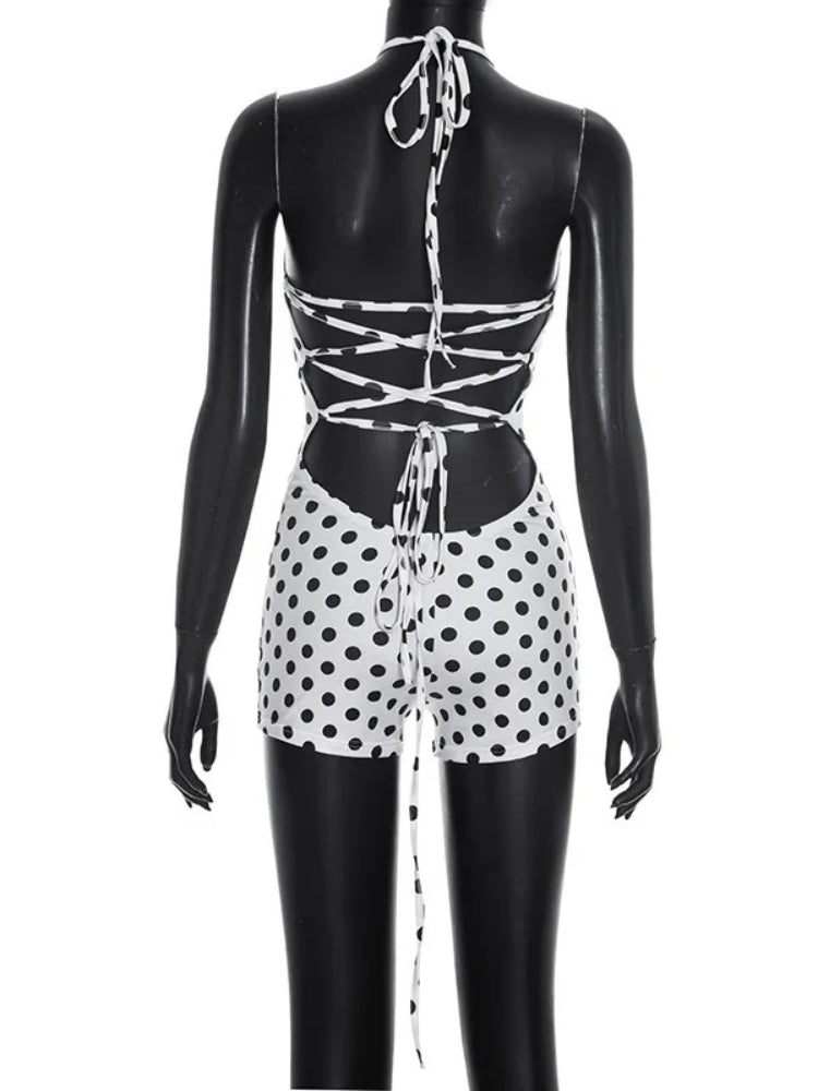Joskaa Polka Dot Lace Backless Halter Romper - romper image 4
