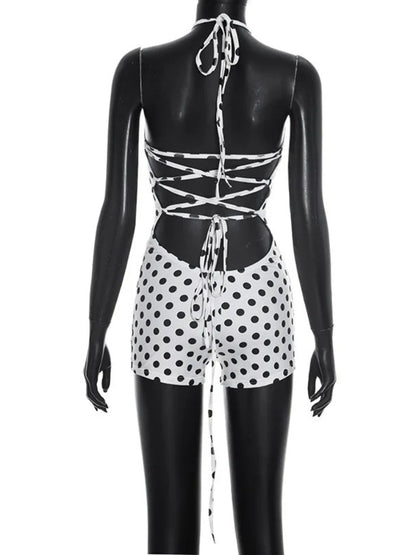 Joskaa Polka Dot Lace Backless Halter Romper - romper image 4