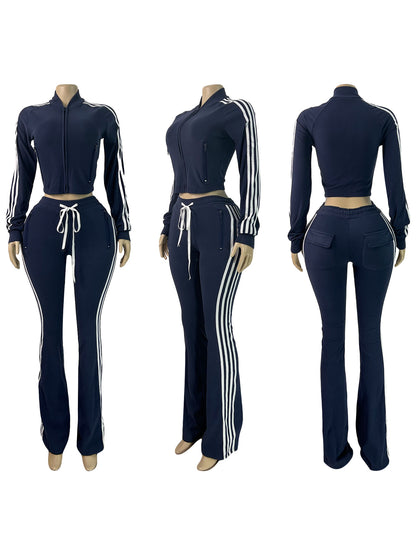 Joskaa Stripe Velvet Zip Up Long Sleeve Two Piece Set - two piece set image 7