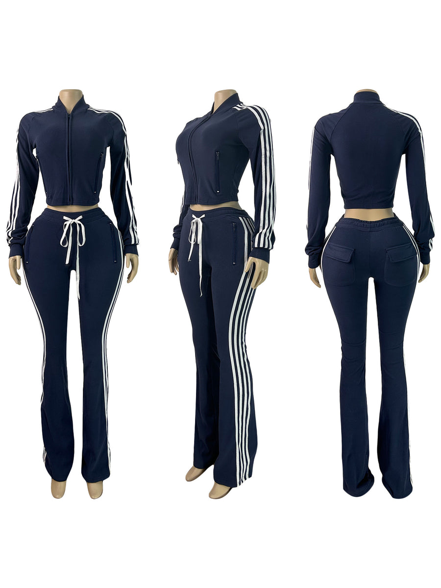 Joskaa Stripe Velvet Zip Up Long Sleeve Two Piece Set - two piece set image 7