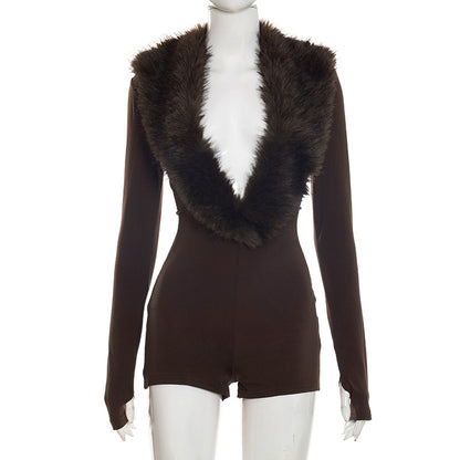 Joskaa Long Sleeve Romper Chic Fur Collar - romper image 7