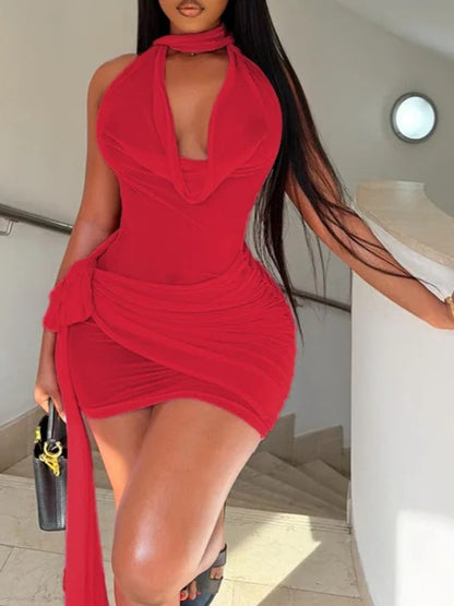 Joskaa Mesh Ruched Backless Halter Mini Dress - mini dress image 1