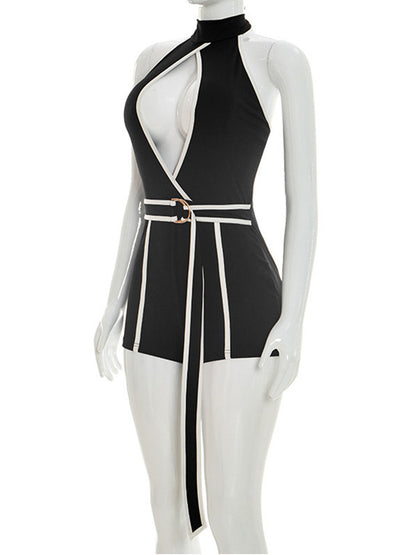 Joskaa Backless Halter Romper Color Block Tie - romper image 3