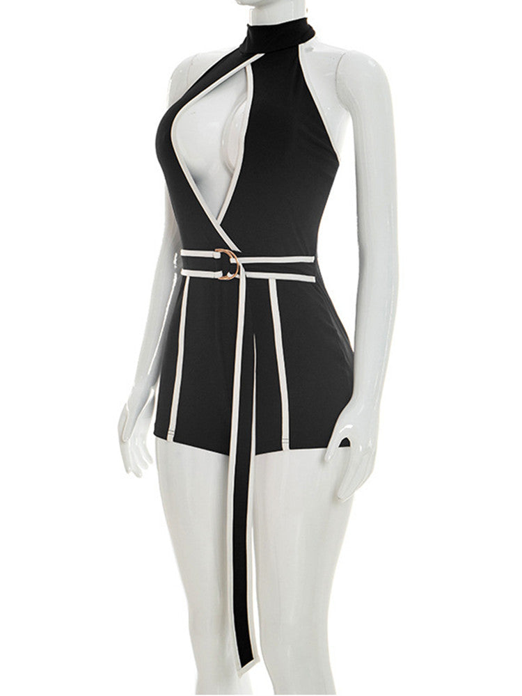 Joskaa Backless Halter Romper Color Block Tie - romper image 3