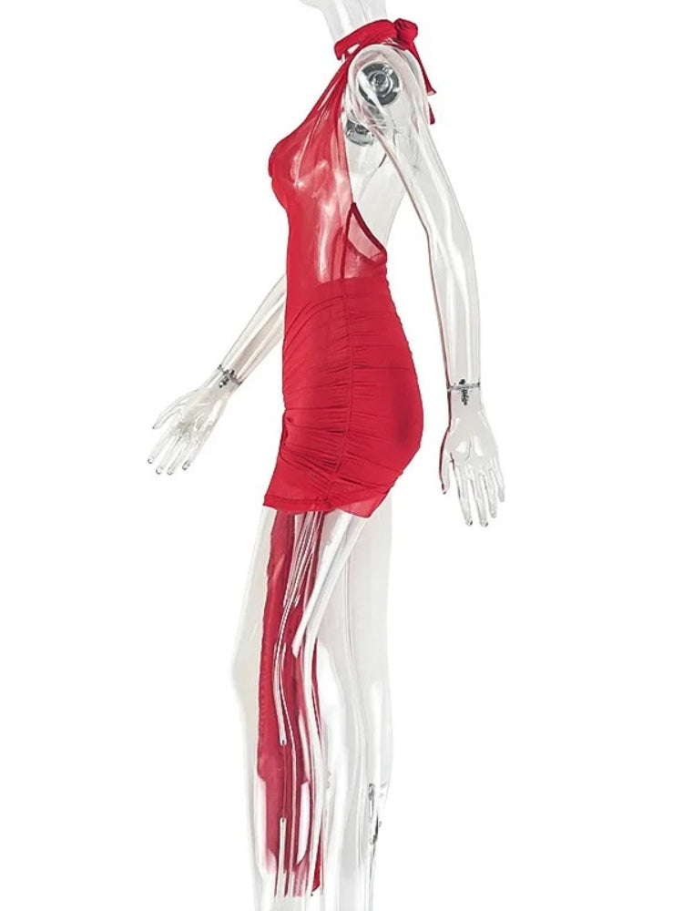 Joskaa Mesh Ruched Backless Halter Mini Dress - mini dress image 3