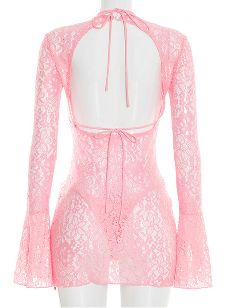 Joskaa Lace Mesh Backless Halter Two Piece Set - two piece set image 4