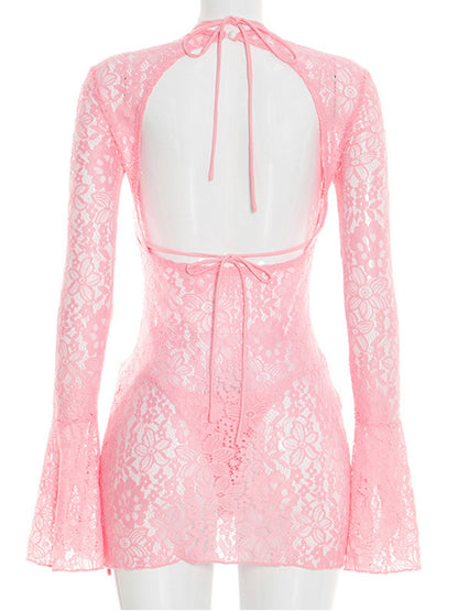 Joskaa Lace Mesh Backless Halter Two Piece Set - two piece set image 4