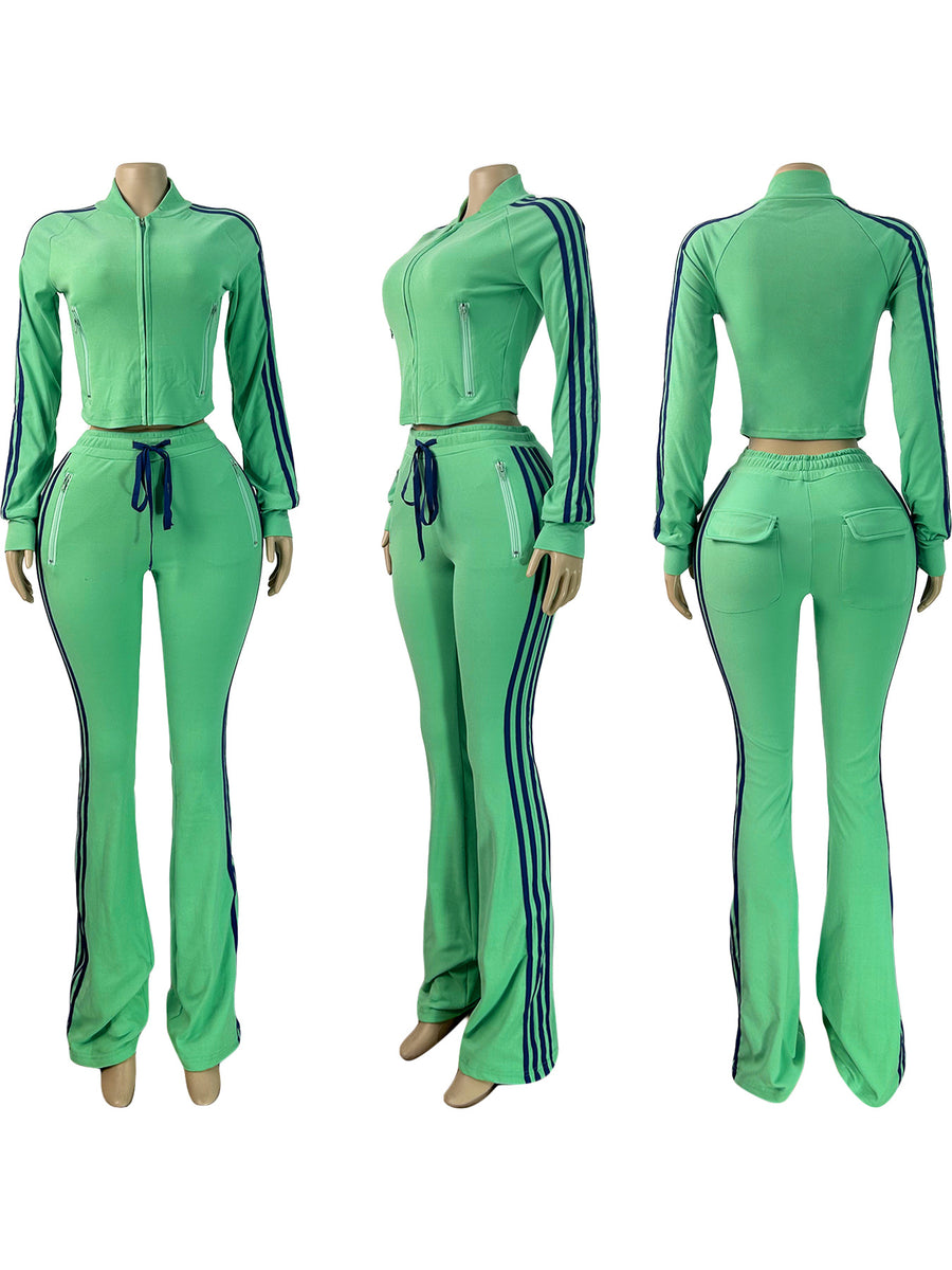 Joskaa Stripe Velvet Zip Up Long Sleeve Two Piece Set - two piece set image 6