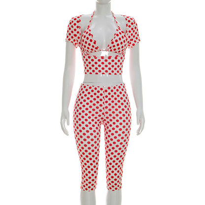 Joskaa Polka Dot Halter Short Sleeve Crop Two Piece Set - two piece set image 8