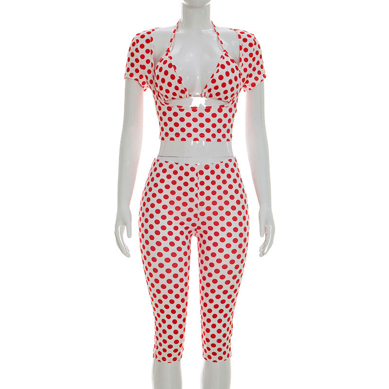 Joskaa Polka Dot Halter Short Sleeve Crop Two Piece Set - two piece set image 8