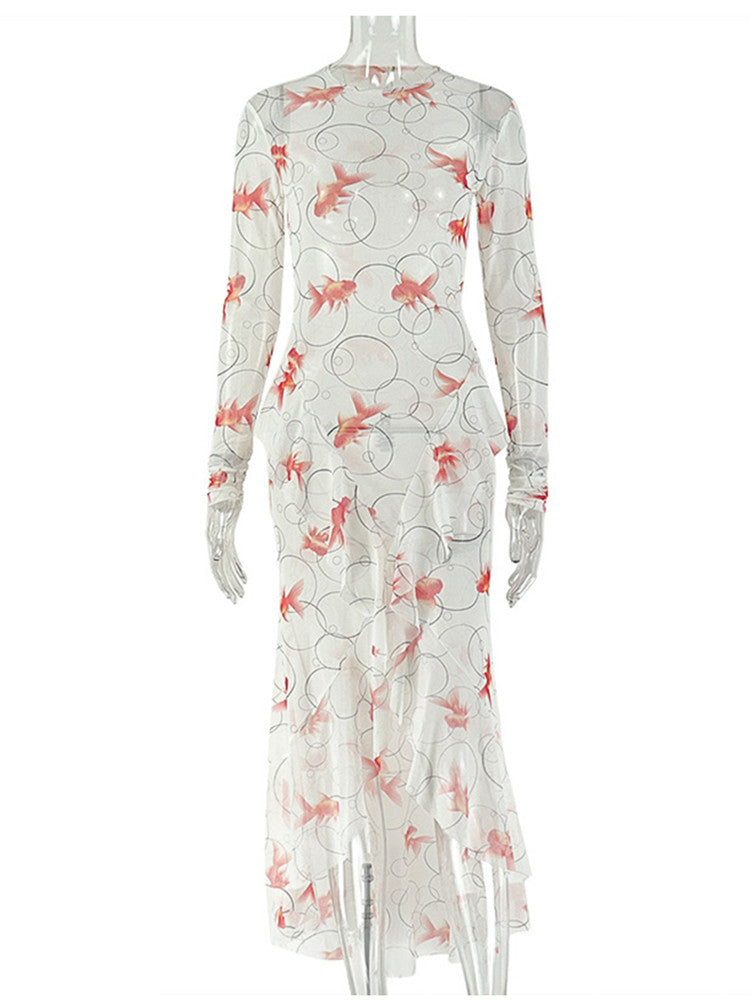 Joskaa Mesh Long Sleeve Dress Goldfish Print Beach - dress image 2