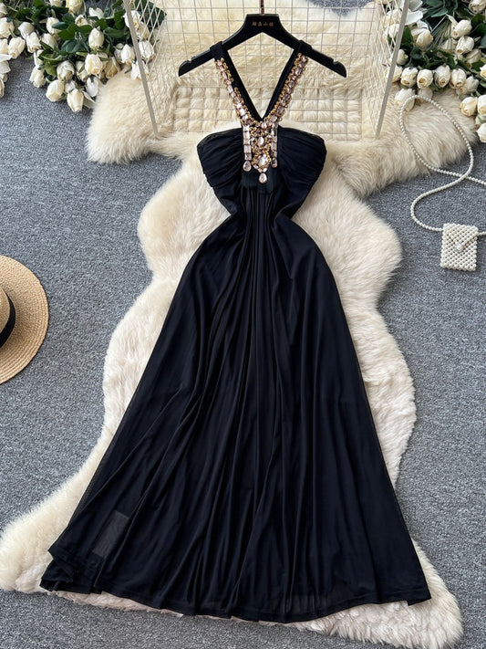 Women's Rhinestone Halter V-Neck Black Maxi Dress - Front View