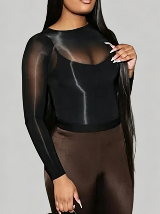 Joskaa Mesh Long Sleeve Bodysuit Shiny Seamless Transparent - bodysuit image 1