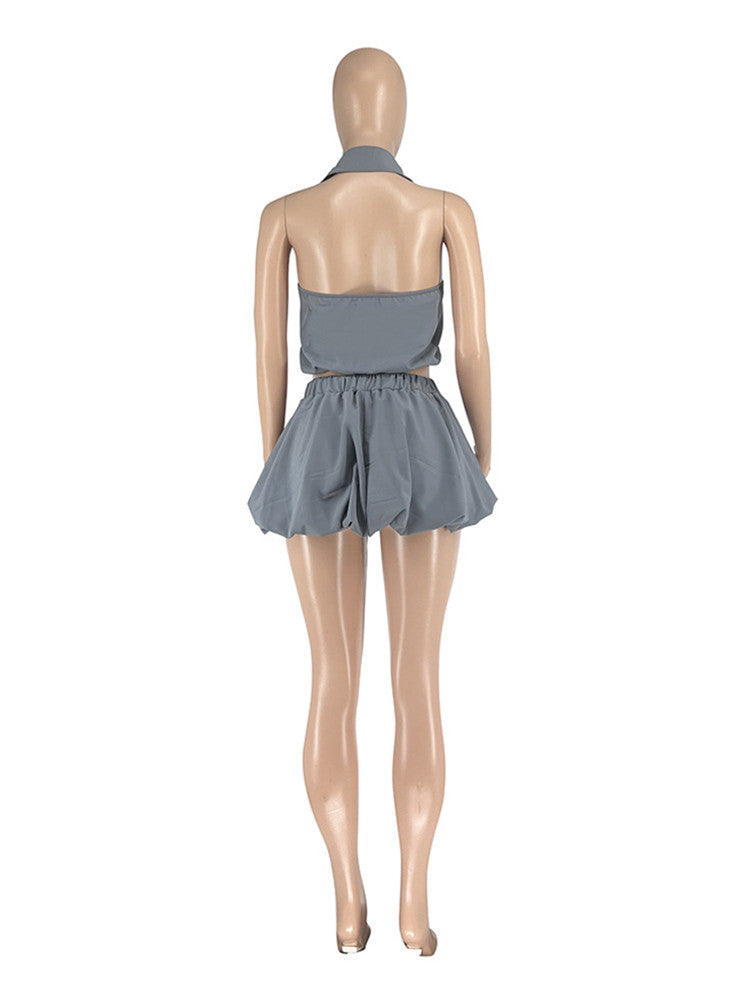 Joskaa Backless Halter Zip Up Crop Two Piece Set - two piece set image 4