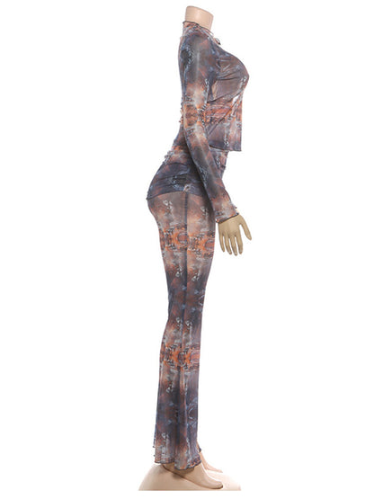 Joskaa Mesh Long Sleeve Flare Two Piece Set - two piece set image 3