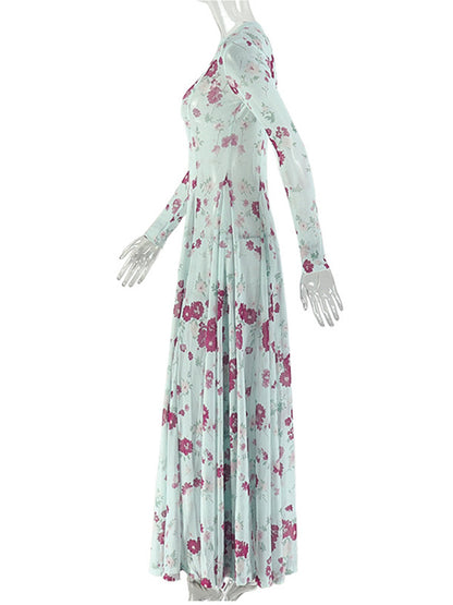 Joskaa Floral Print Mesh Long Sleeve Bodycon Maxi Dress - maxi dress image 3