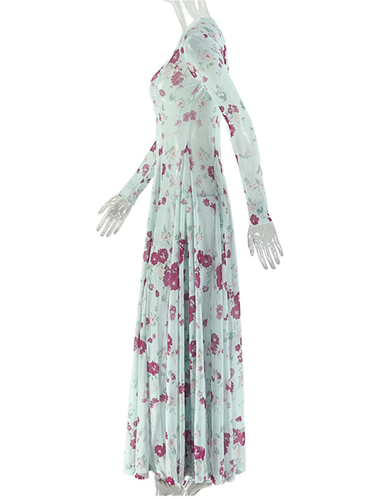 Joskaa Floral Print Mesh Long Sleeve Bodycon Maxi Dress - maxi dress image 3