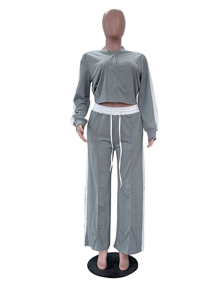 Joskaa Stripe Zip Up Long Sleeve Wide Leg Two Piece Set - two piece set image 2