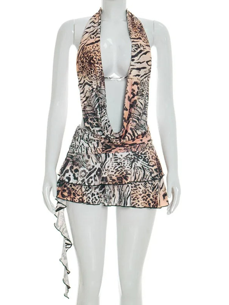 Joskaa Leopard Print Backless Halter Sleeveless Mini Dress - mini dress image 2
