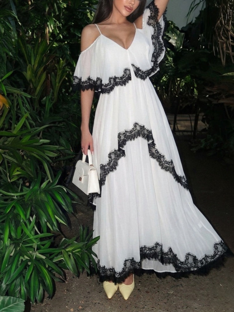 Women's Lace Trim V-Neck Asymmetrical Maxi Dress - Women's Fashion Wholesale - Front View