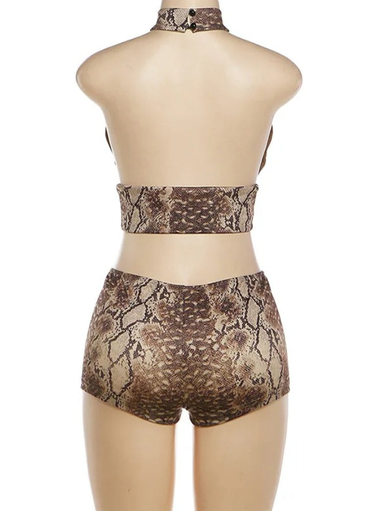 Joskaa Snake Print Backless Halter Crop Two Piece Set - two piece set image 4